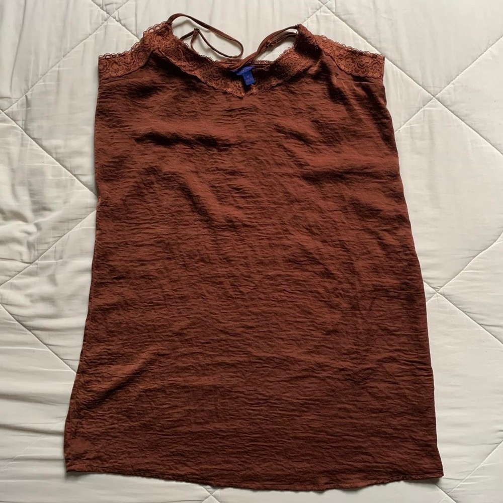 Aeropostale maroon satin strappy mini dress with lace detail, size medium
